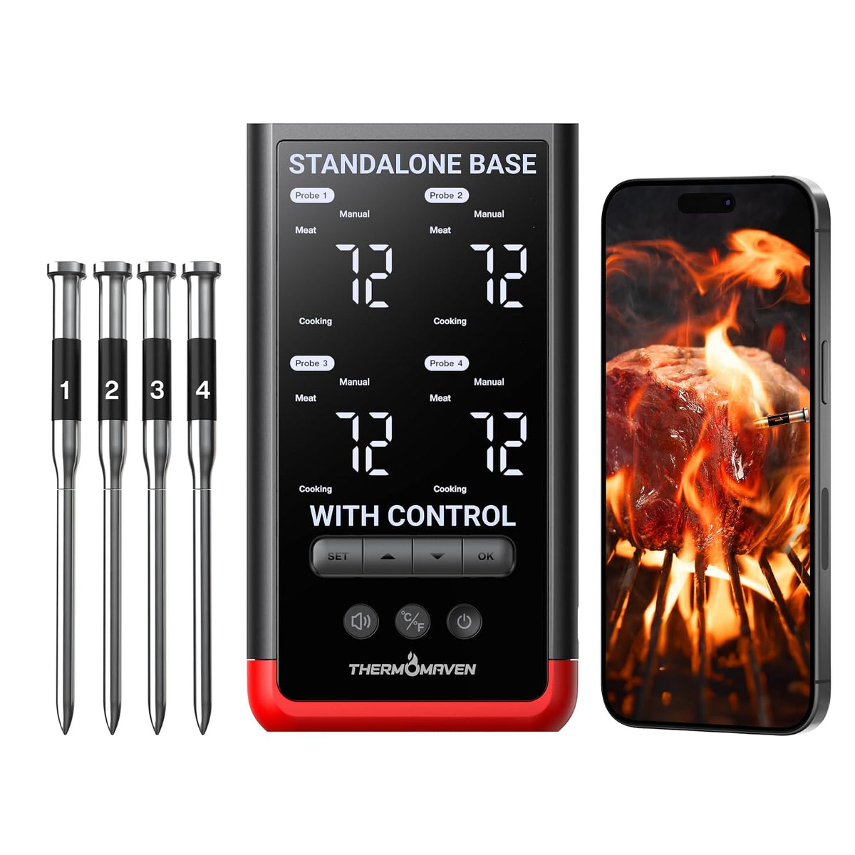 WiFi Wireless Meat Thermometer, 4 Probes, Smart Base, 6 Sensors
