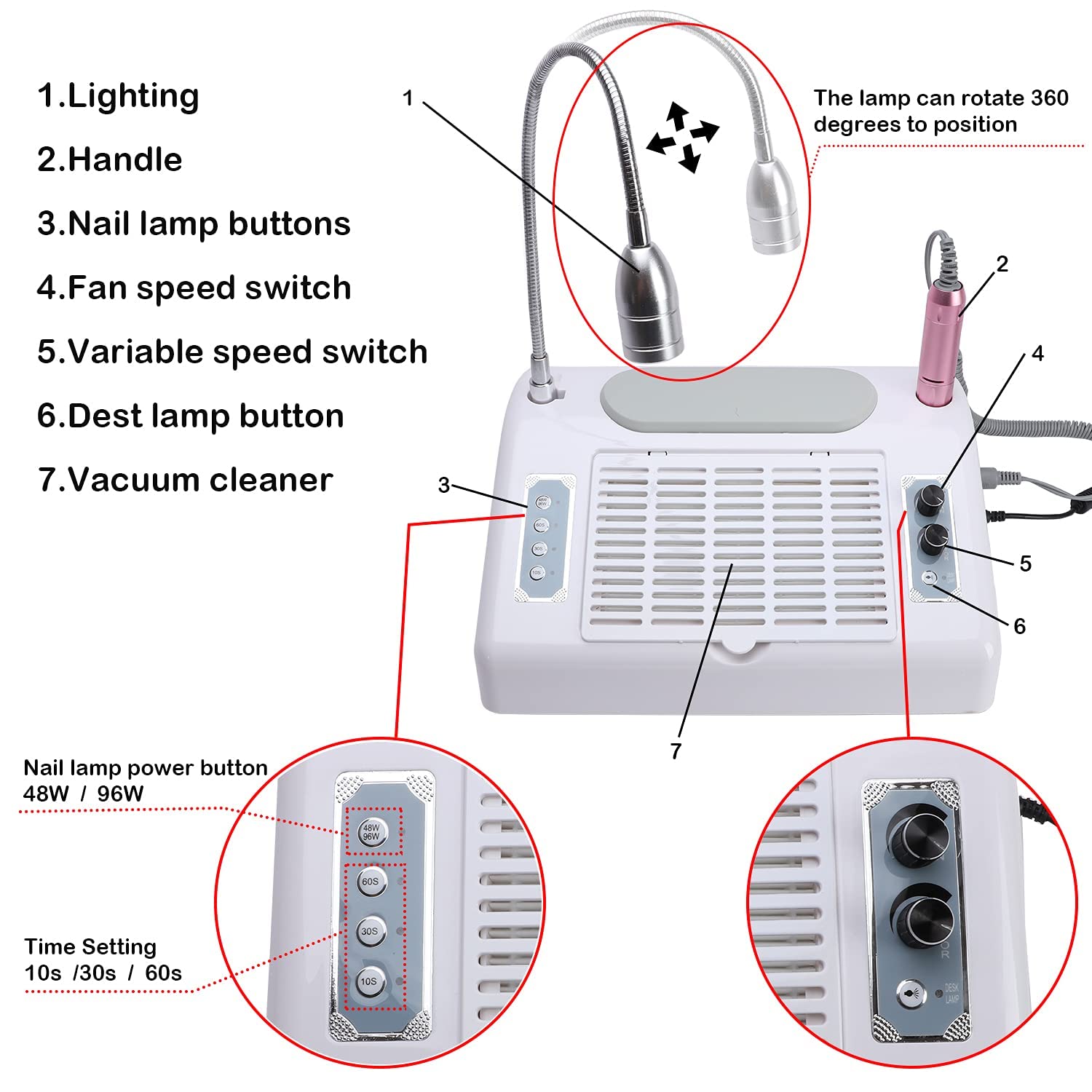 Nail Dust Collector Vacuum Multifunction Nail Art Machine,40W Nail Dust Collector for Acrylic,30000PRM Nail Drill
