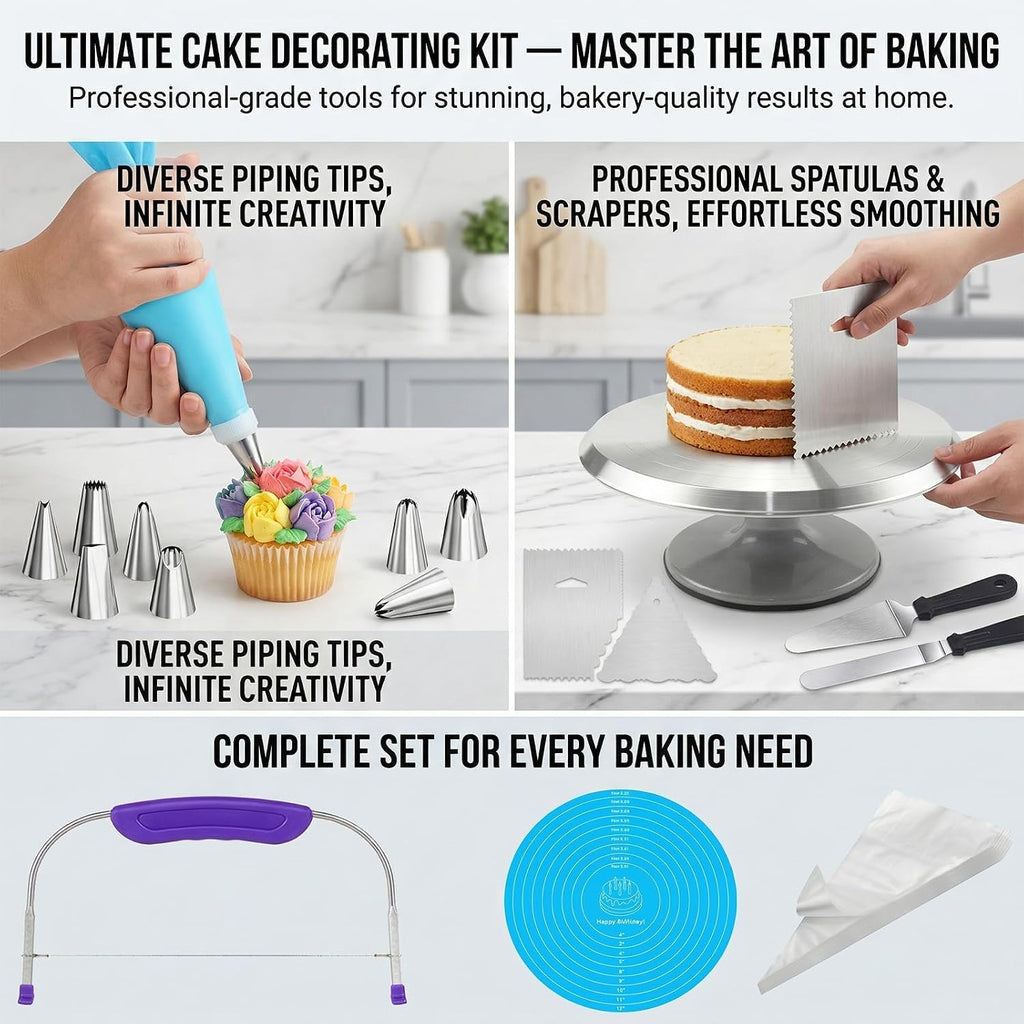 Cake Decorating Supplies Kit with 12" Aluminum Rotating Cake Turntable Stand, Professional Baking Tools, Cake