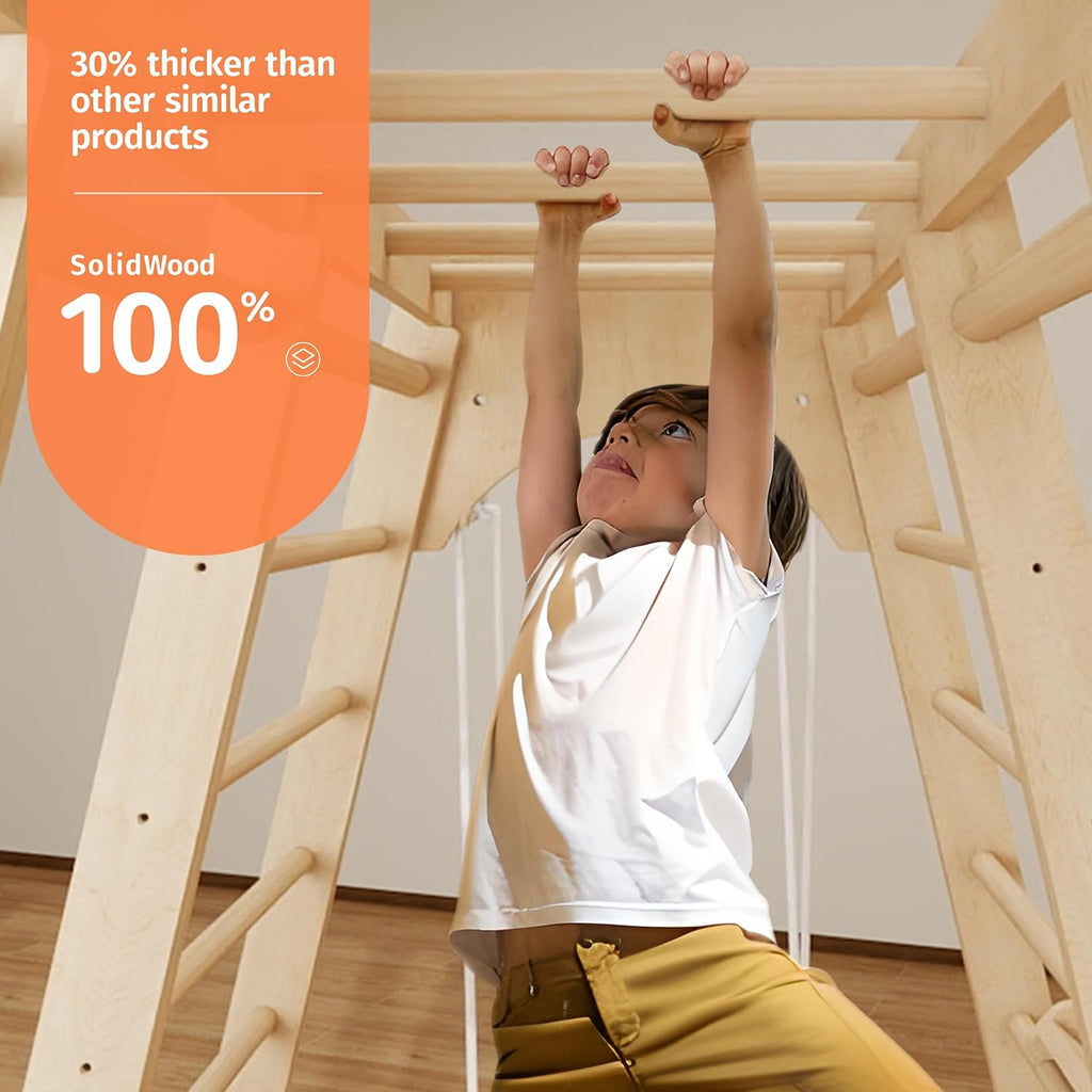 Indoor Jungle Gym for Toddlers, 8-in-1 Wooden Montessori Climbing Toys with Slide, Swing, Rock Wall, Rope Ladder