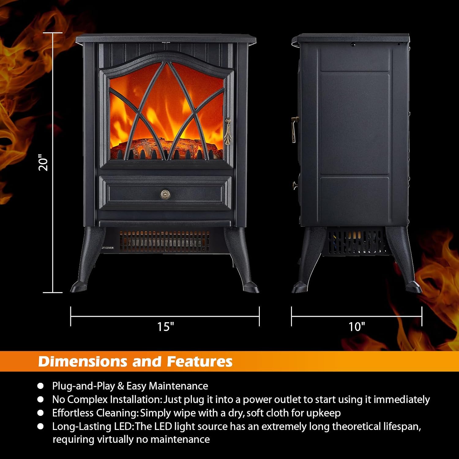 Freestanding Electric Fireplace Stove Heater, 1500W with Realistic 3D LED Flame Effect, Adjustable Brightness &