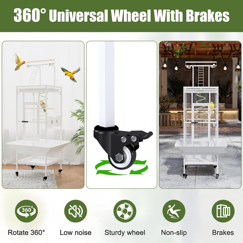 61 Inch Wrought Iron Large Bird Cage with Rolling Stand, Heavy-Duty Parakeet Cage with Pull-Out Tray and Wheels