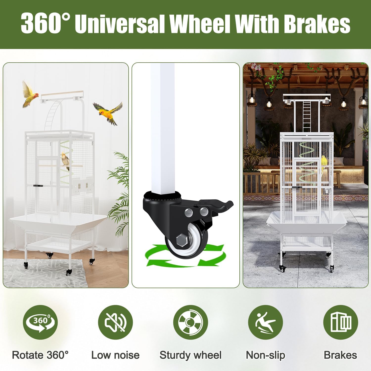 61 Inch Wrought Iron Large Bird Cage with Rolling Stand, Heavy-Duty Parakeet Cage with Pull-Out Tray and Wheels