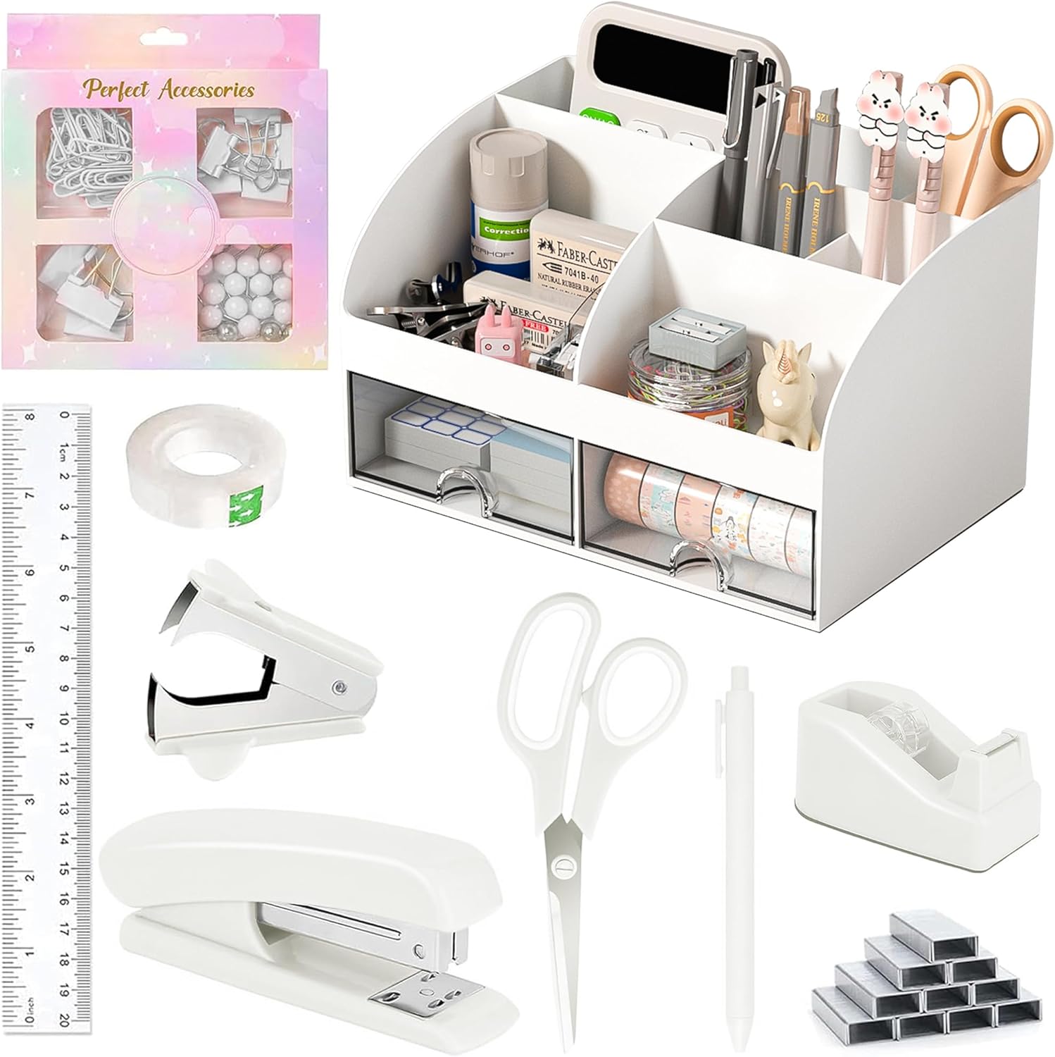 Desk Accessories with Pen Holder, Office Supplies Desk Organizers and Accessories, Tape Dispenser, Stapler, Staple