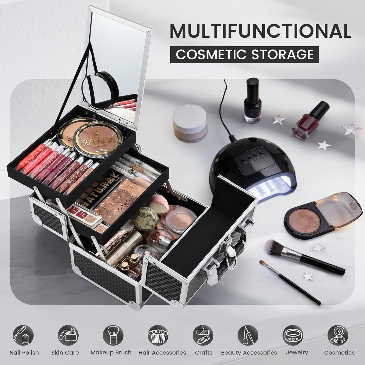 Makeup Box Cosmetic Train Case Portable Makeup Organizer Case with Mirror 2 Tray Make up Storage Case for Nail Teach