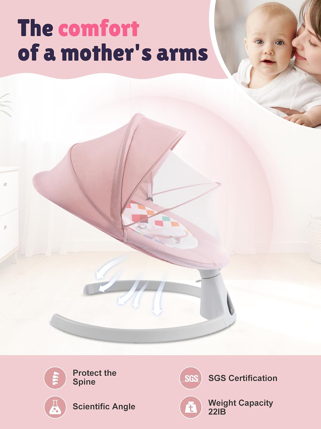 Baby Swing for Infants - Electric Portable Bluetooth Baby Rocker with 5 Speeds, 5-Point Harness, Remote Control