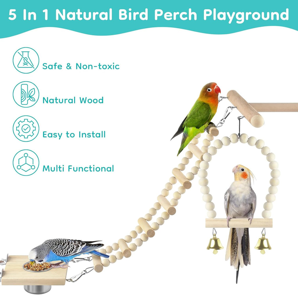 5in1 Bird Toys, Birdie Perches Platform Swing with Stainless Steel Feeding Cup Climbing Ladder, Wooden Play Gym for