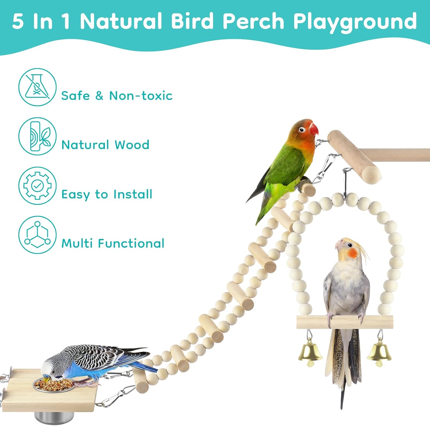 5in1 Bird Toys, Birdie Perches Platform Swing with Stainless Steel Feeding Cup Climbing Ladder, Wooden Play Gym for