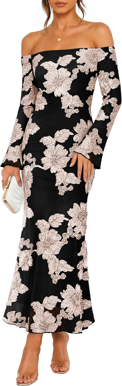 Women's Fall Off Shoulder Floral Wedding Guest Maxi Dresses