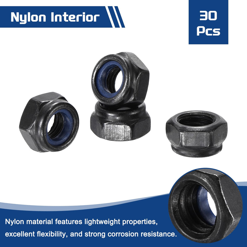Kozelo 30Pcs M5-0.8 Nylon Locking Hex Nuts CarbonSteel Black