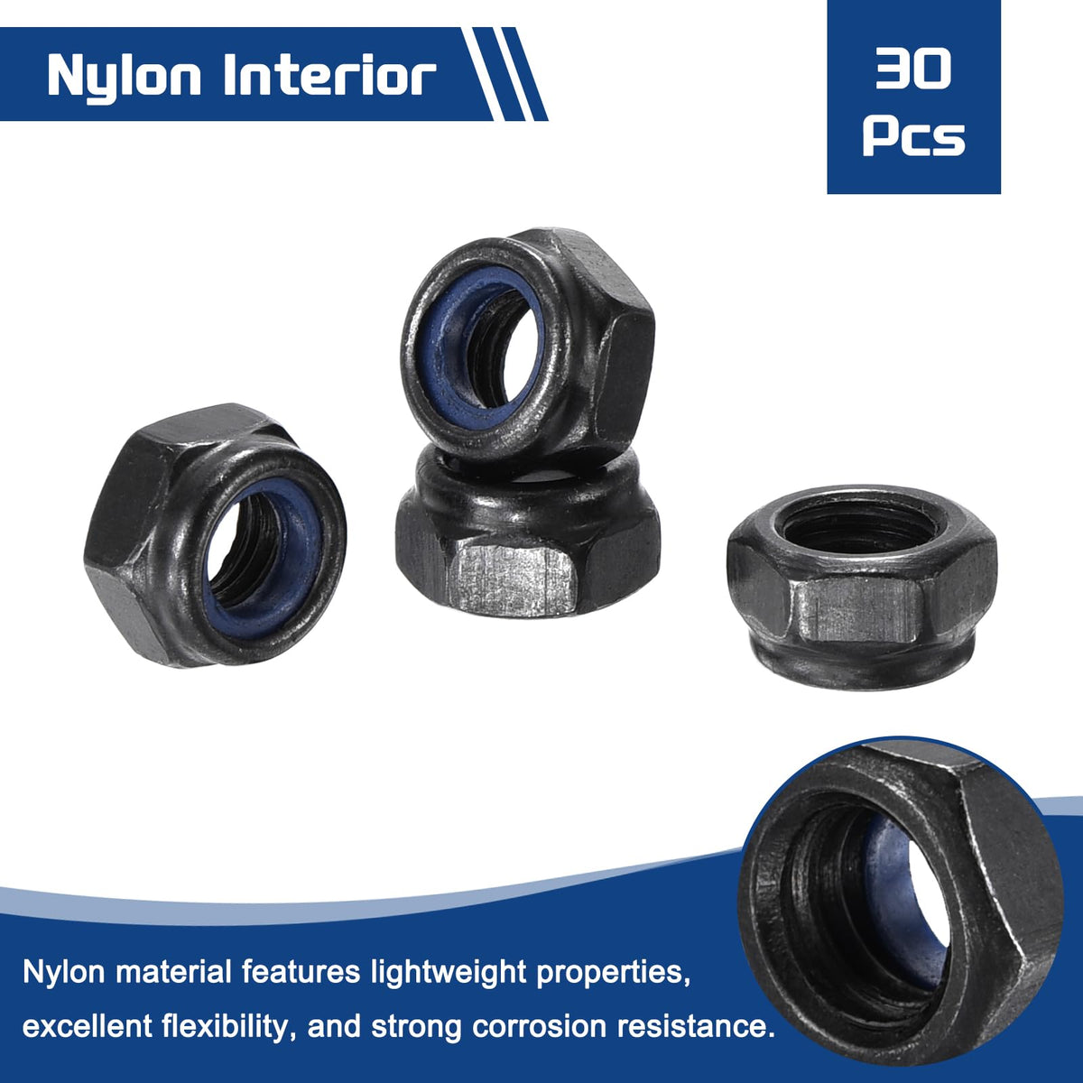 Kozelo 30Pcs M5-0.8 Nylon Locking Hex Nuts CarbonSteel Black