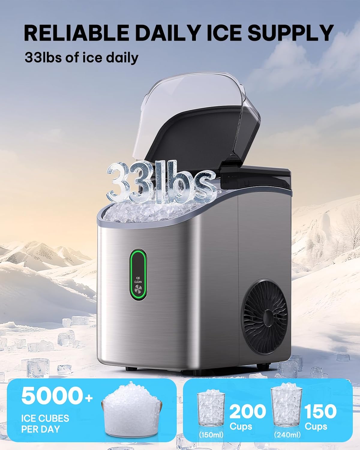 Nugget Ice Maker Countertop, Pebble Ice Maker with Soft Chewable Ice, One-Click Operation Ice Machine with