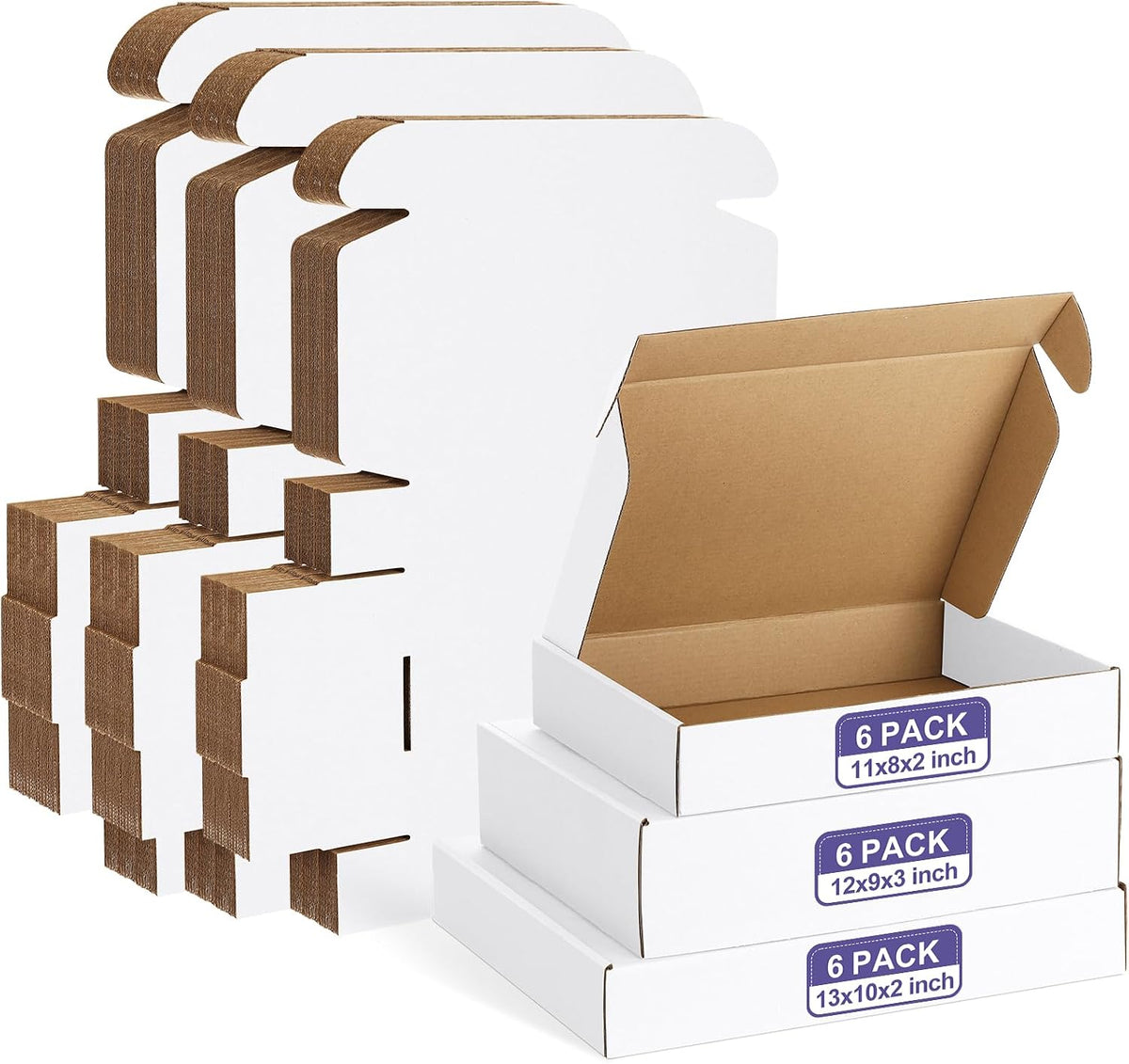 18 Pack Small Shipping Boxes Assorted Sizes, 11x8x2, 12x9x3, 13x10x2-6 PCS Each Small Boxes, White Corrugated Box