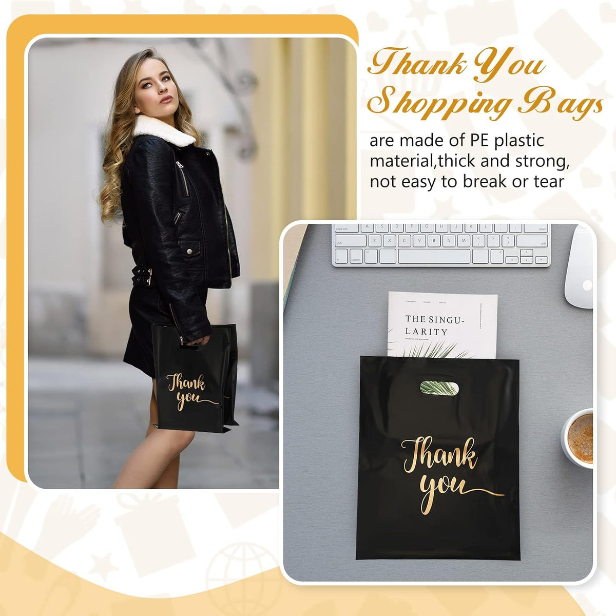 200 Pcs Thank You Merchandise Bags 9x12 Plastic Die Cut Handle