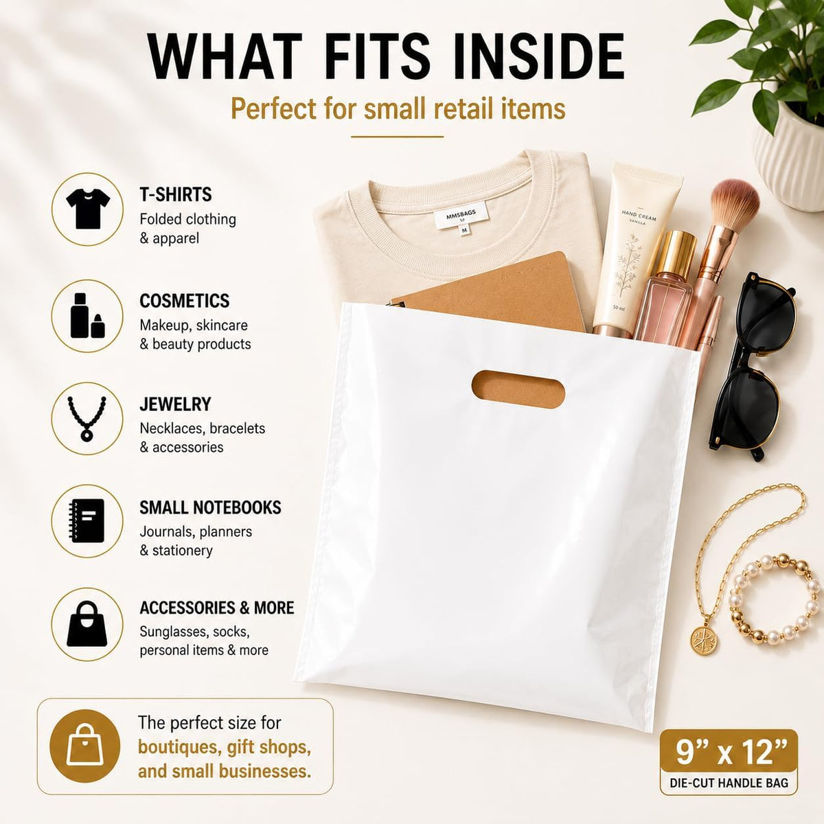 Large Plastic Merchandise Bags, Die Cut Handle Retail Shopping Bags, Glossy Poly Bags for Clothing, Shoe Boxes