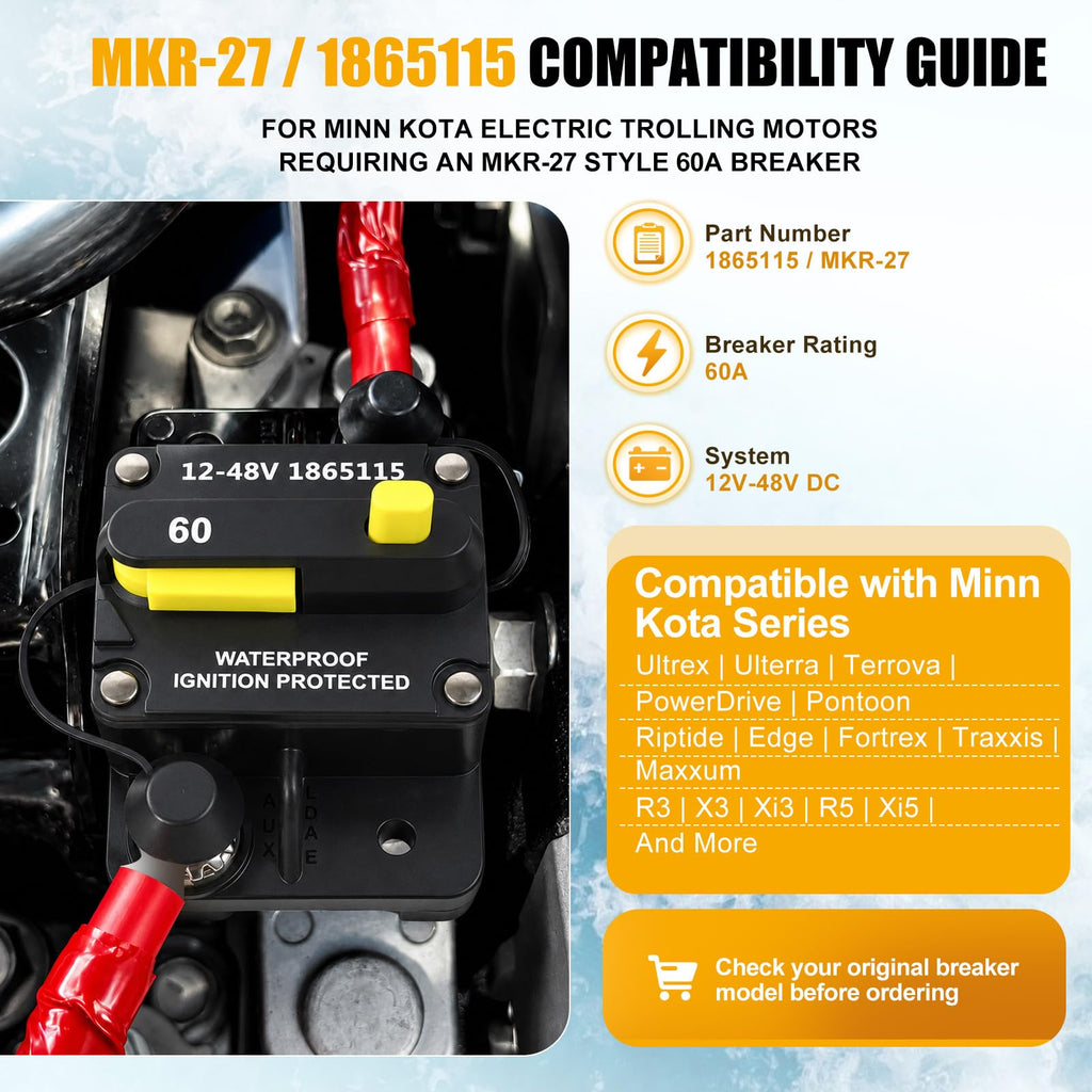 MKR-27 1865115 60 Amp Marine Circuit Breaker Compatible with Minn Kota