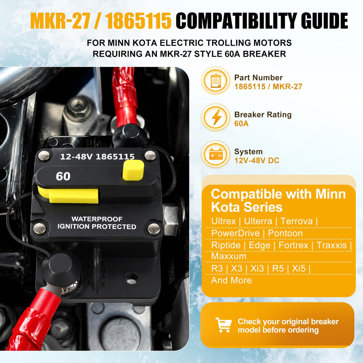 MKR-27 1865115 60 Amp Marine Circuit Breaker Compatible with Minn Kota