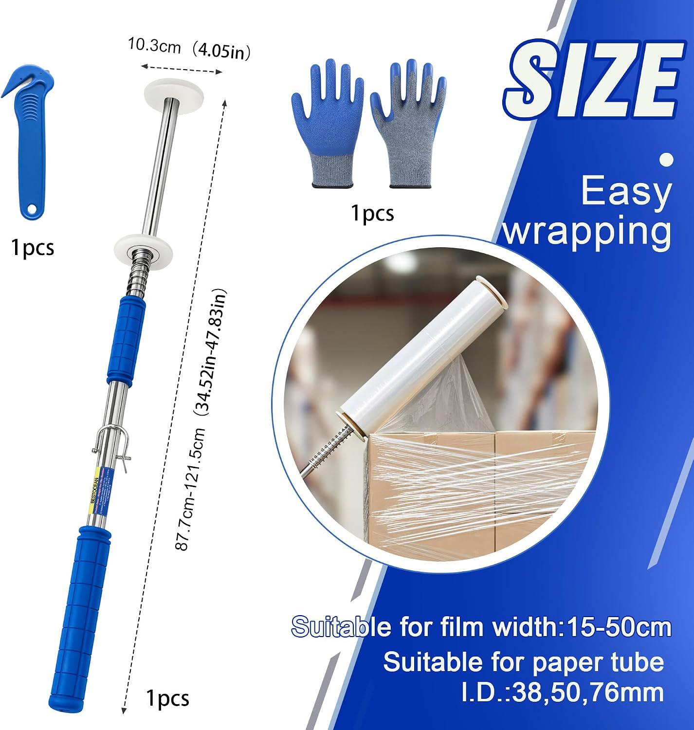 Long Handle Pallet Stretch Wrap Dispenser, Stretch Wrap Dispenser for Film Width 12-20 inch, Rolls 1.5" to 3"