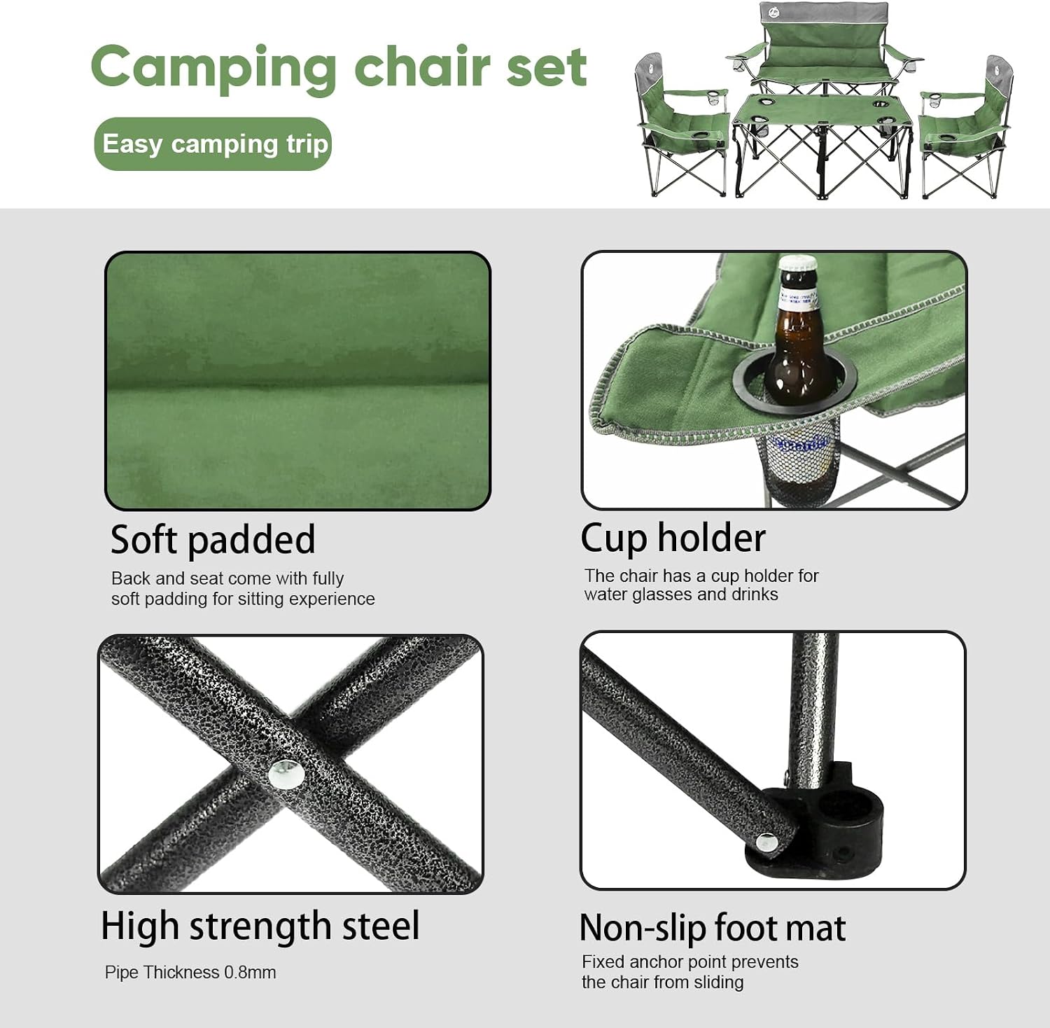 Folding Camping Chair Set of 4, Portable Collapsible Conversation Set w/1 Sofa, 2 Single Chairs, 1 Table for Family