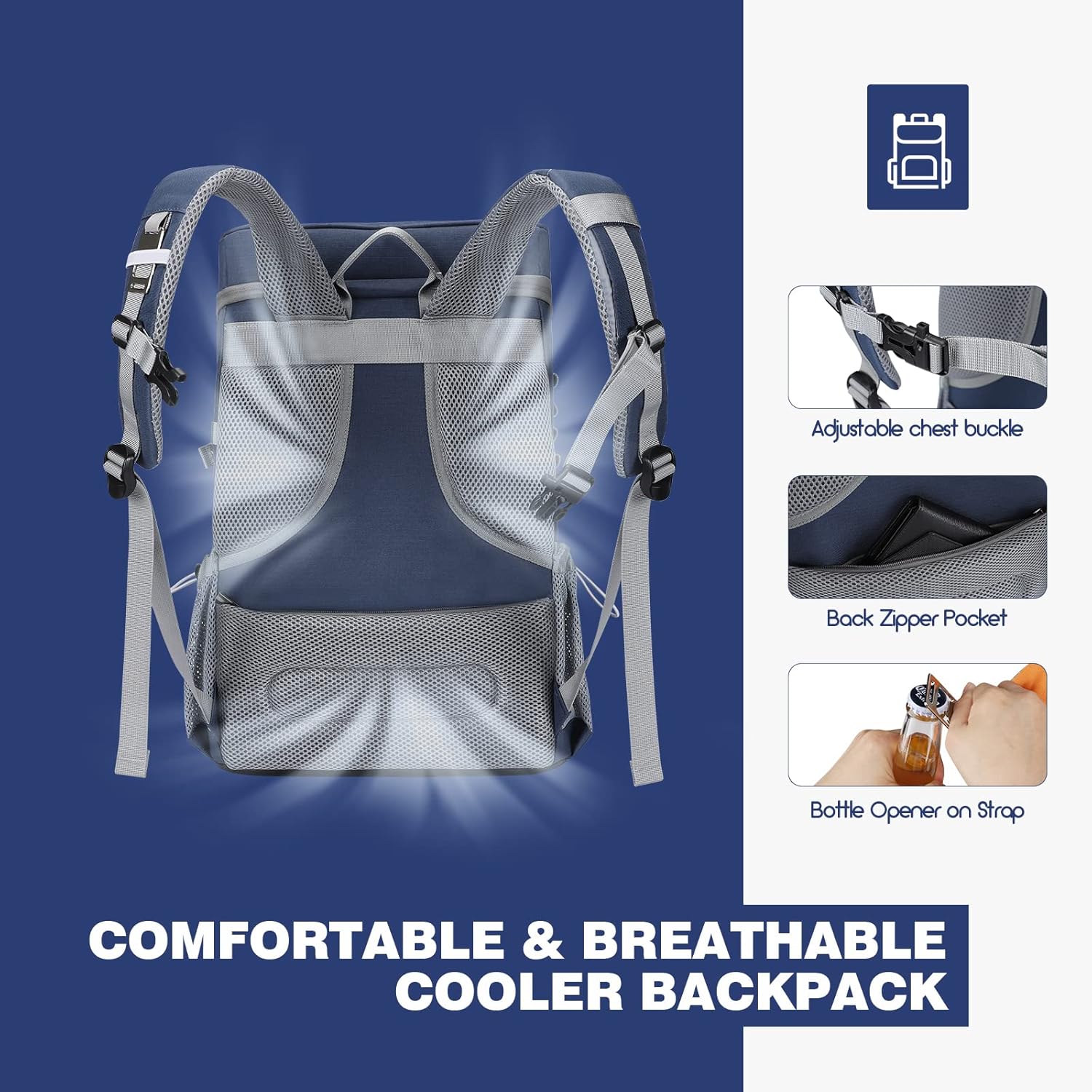35/50Can Insulated Cooler Backpack, Leakproof Soft Lunch Ice Bag | 16h Cold,Multi-Pockets,Survival Whistle,Ergonomic