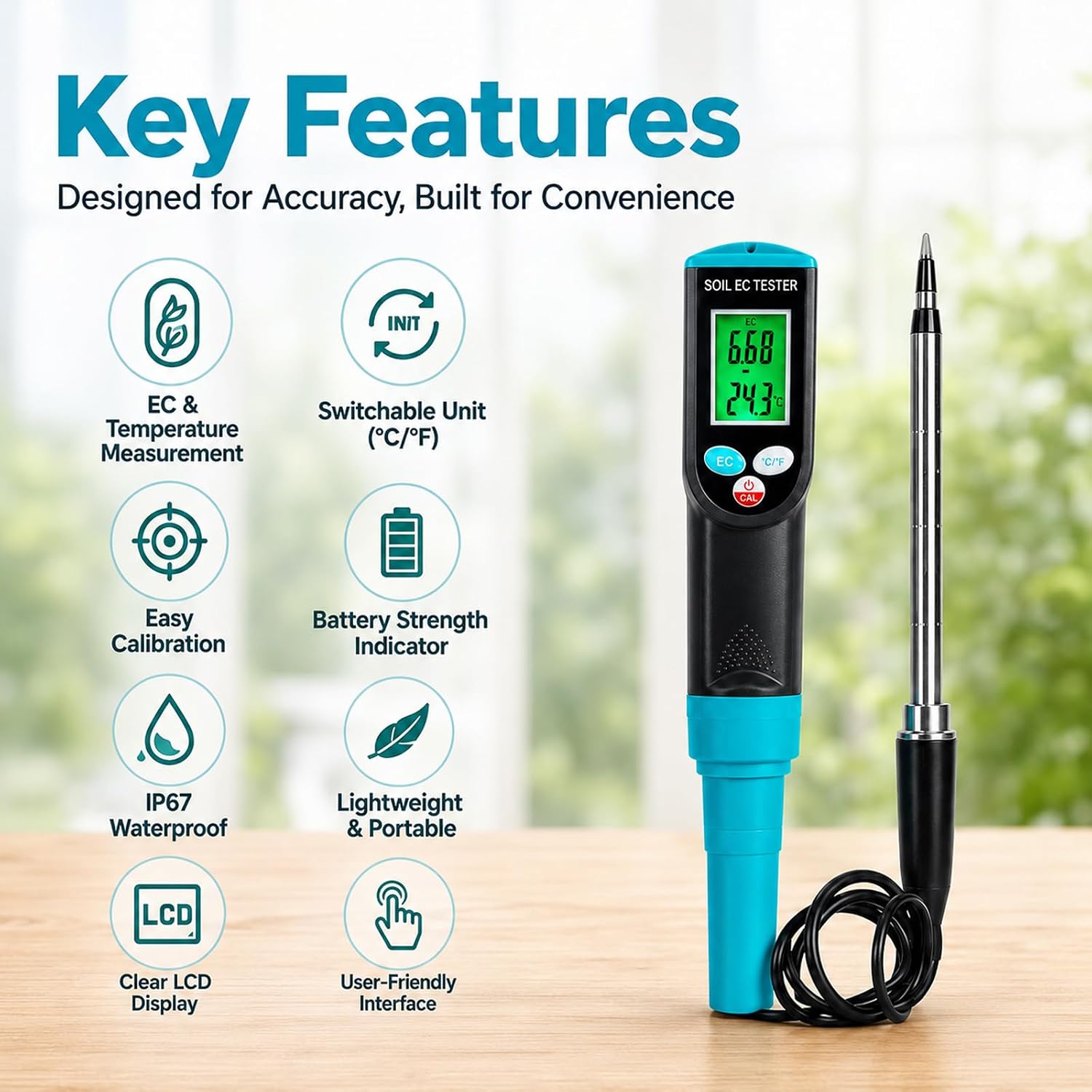 Digital Soil EC Meter 2-in-1 Porfessional Plants EC Temperature Tester Meter with Corded Sensor, Backlight LCD