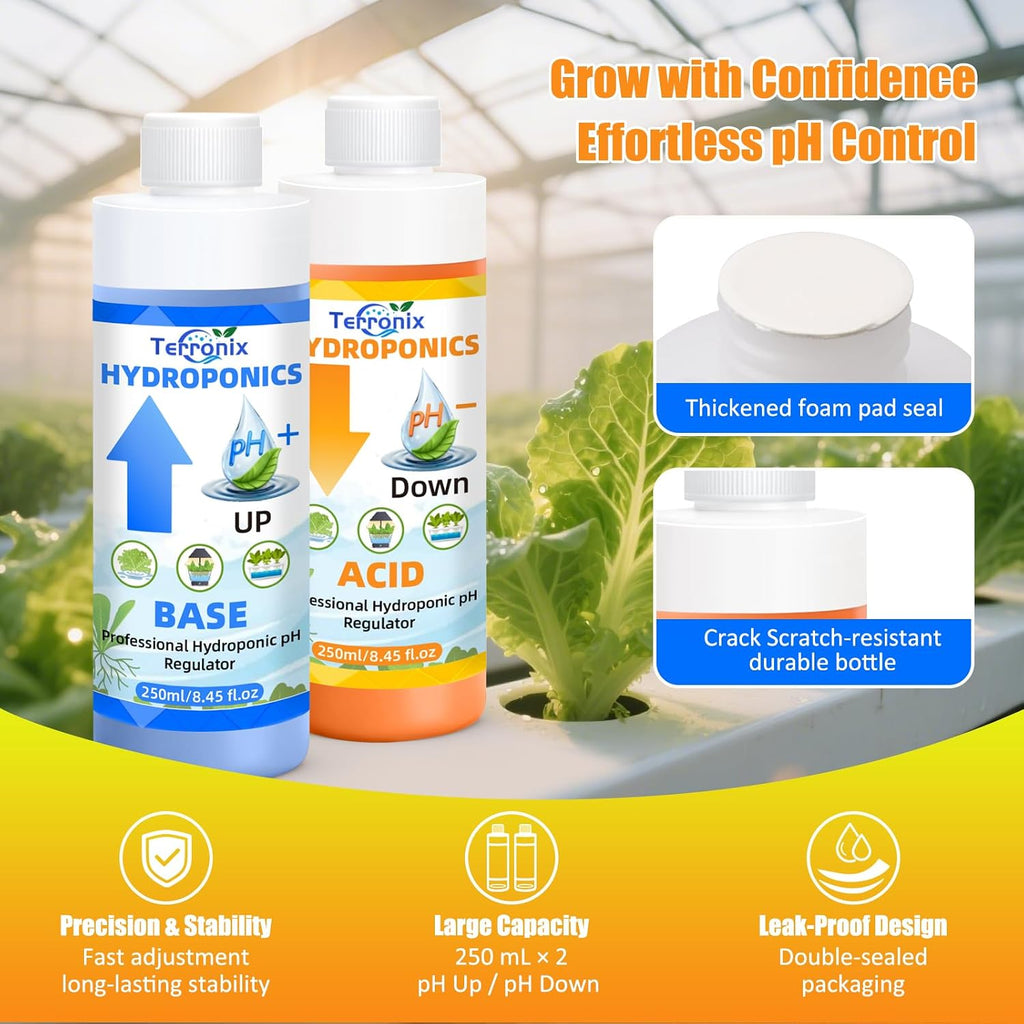 pH Down & pH Up for Hydroponics, pH Control Kit for Hydroponic Nutrients – 250ml pH Down and 250ml pH Up with 2×50ml