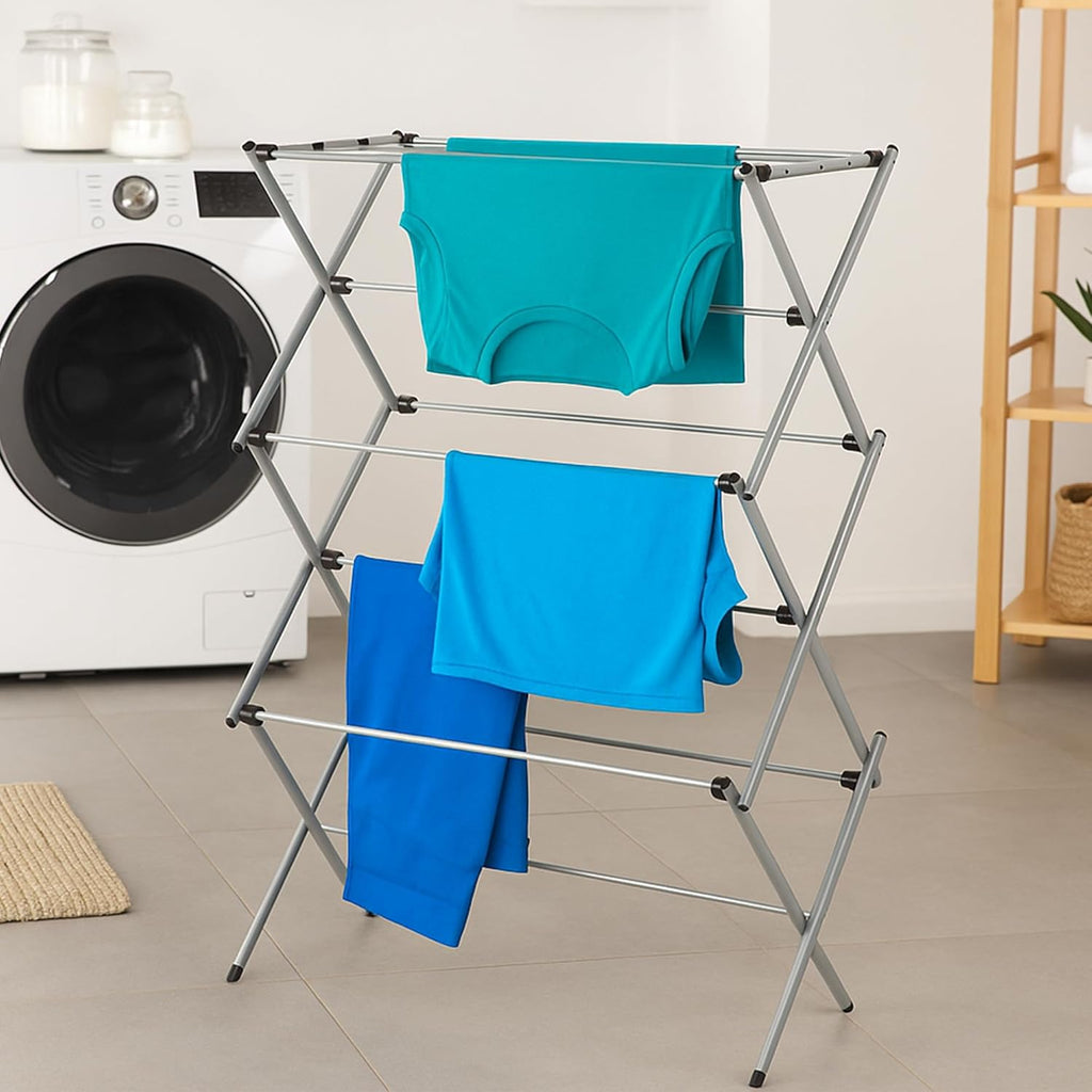 6-Tier Collapsible Steel Clothes Drying Rack, 24 ft, White | 6-tier steel rack with 24 ft of drying space folds flat