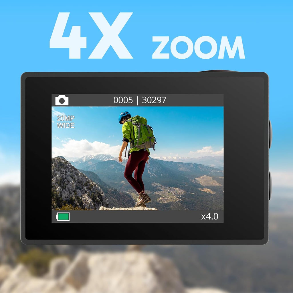 EK7000 4K30FPS 20MP WiFi Action Camera with EIS Ultra HD 131FT Waterproof Underwater Camera Remote Control 4X Zoom
