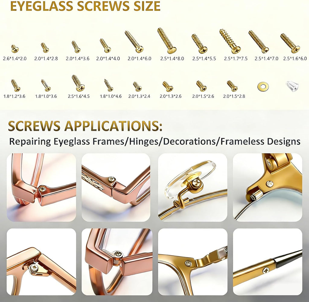 Gold Eyeglass Repair Kit with 18 Sizes Gold-Plated Screws, 1.4mm Precision Screwdrivers, Tweezers, Nose Pads & Cloth