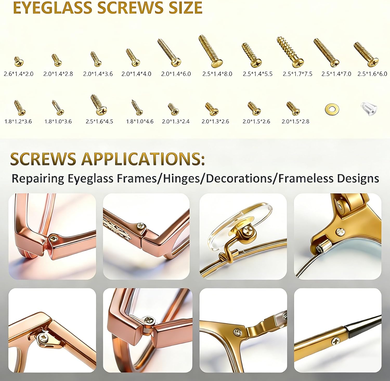 Gold Eyeglass Repair Kit with 18 Sizes Gold-Plated Screws, 1.4mm Precision Screwdrivers, Tweezers, Nose Pads & Cloth