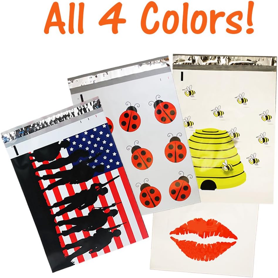 10x13 inch Designer Poly Mailers, Bees, Flags, Lips, Ladybugs (40 Mix Variety Pack) Custom Printed Self Sealing