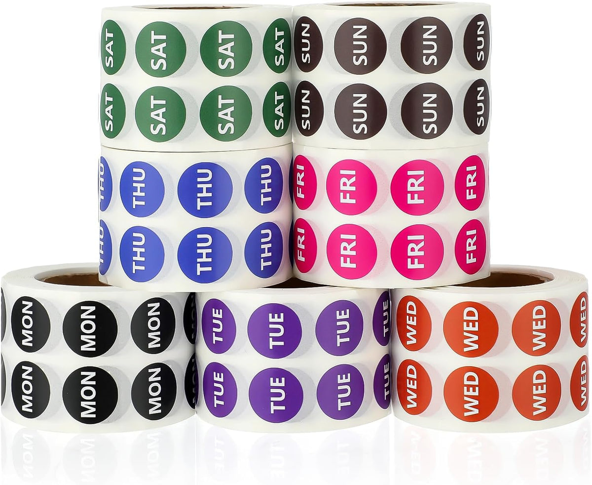 7000 PCS Small 7-Day of The Week Double Row Adhesive Stickers Bulk - 0.5 Inch Color Coded Dots Round Food Rotation