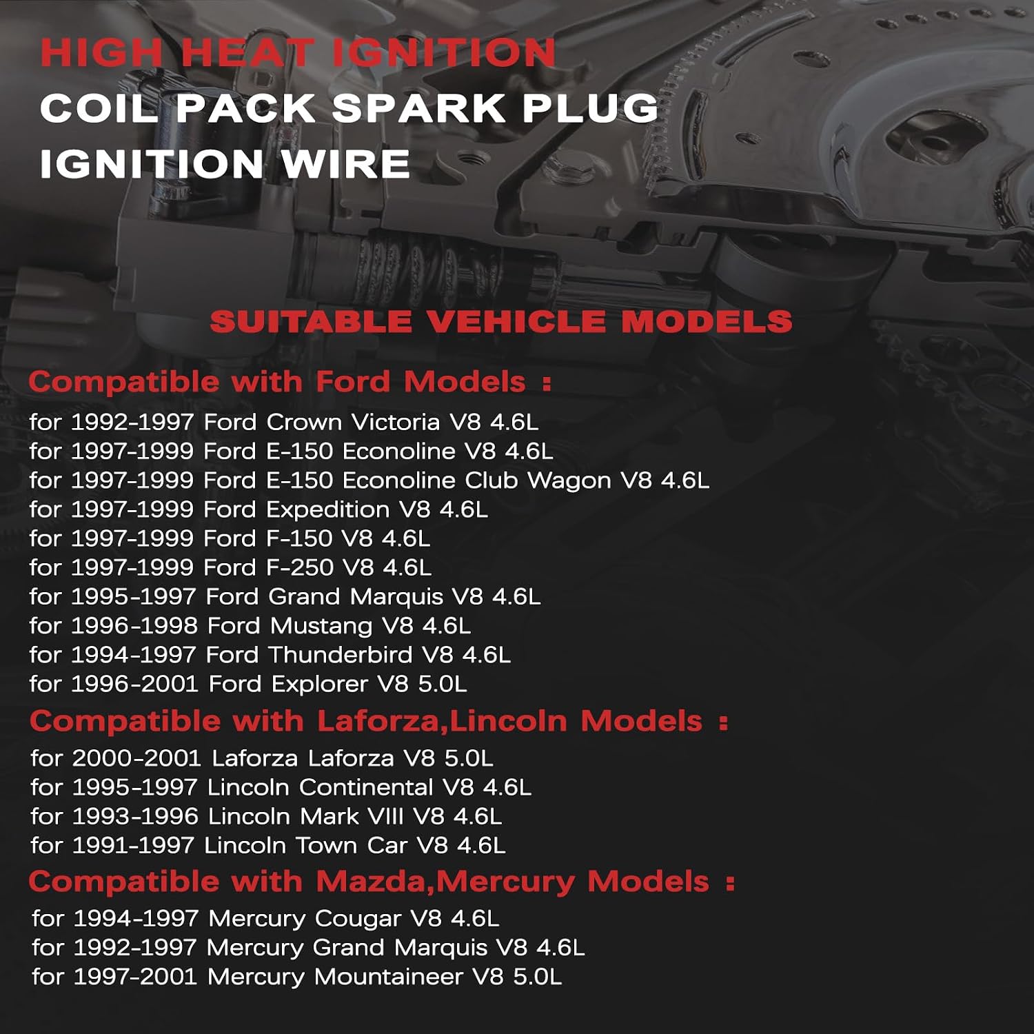 FD487 2PCS Ignition Coil+8 Spark Plug+Wire Set for 1992-1997 Ford Crown | E-150 Expedition F-150/250 GrandMarquis