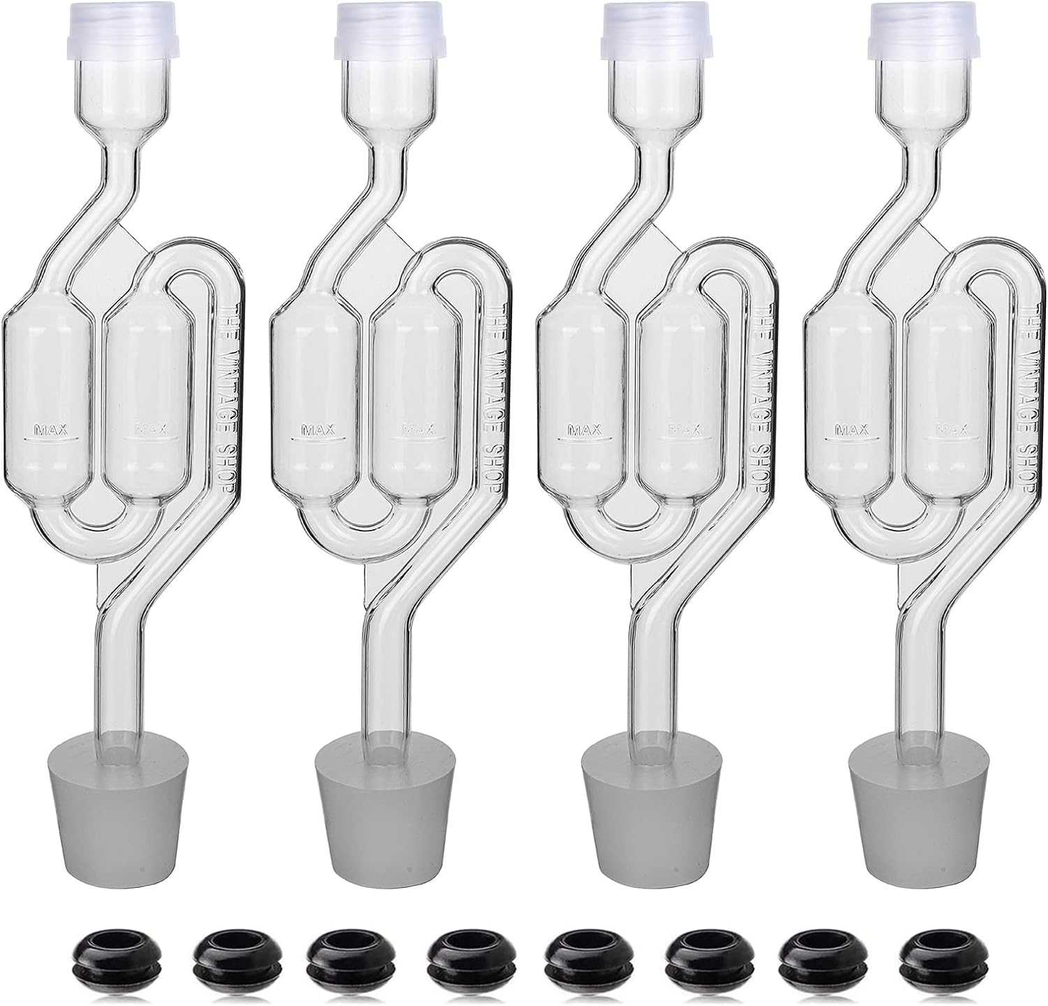 Bubble Airlock Set, 4 Airlocks for Fermenting, 4 Drilling #6 Stoppers and 8 Airlock Grommets, Used for Brewing Wine