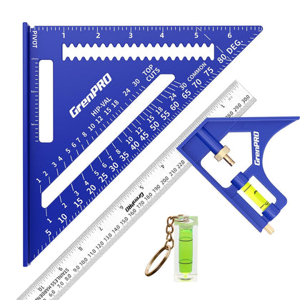 Combination Square Set, 7 & 12 Inch Aluminum Zinc Carpenter Tool | Stainless Ruler & Scriber Included, Bubble Level