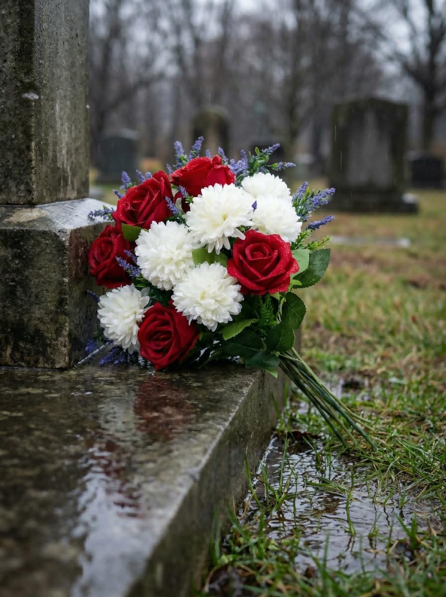 Artificial Spring Cemetery Flowers for Grave Vase - Red Roses & White Ball Chrysanthemums Bouquet, Silk Funeral