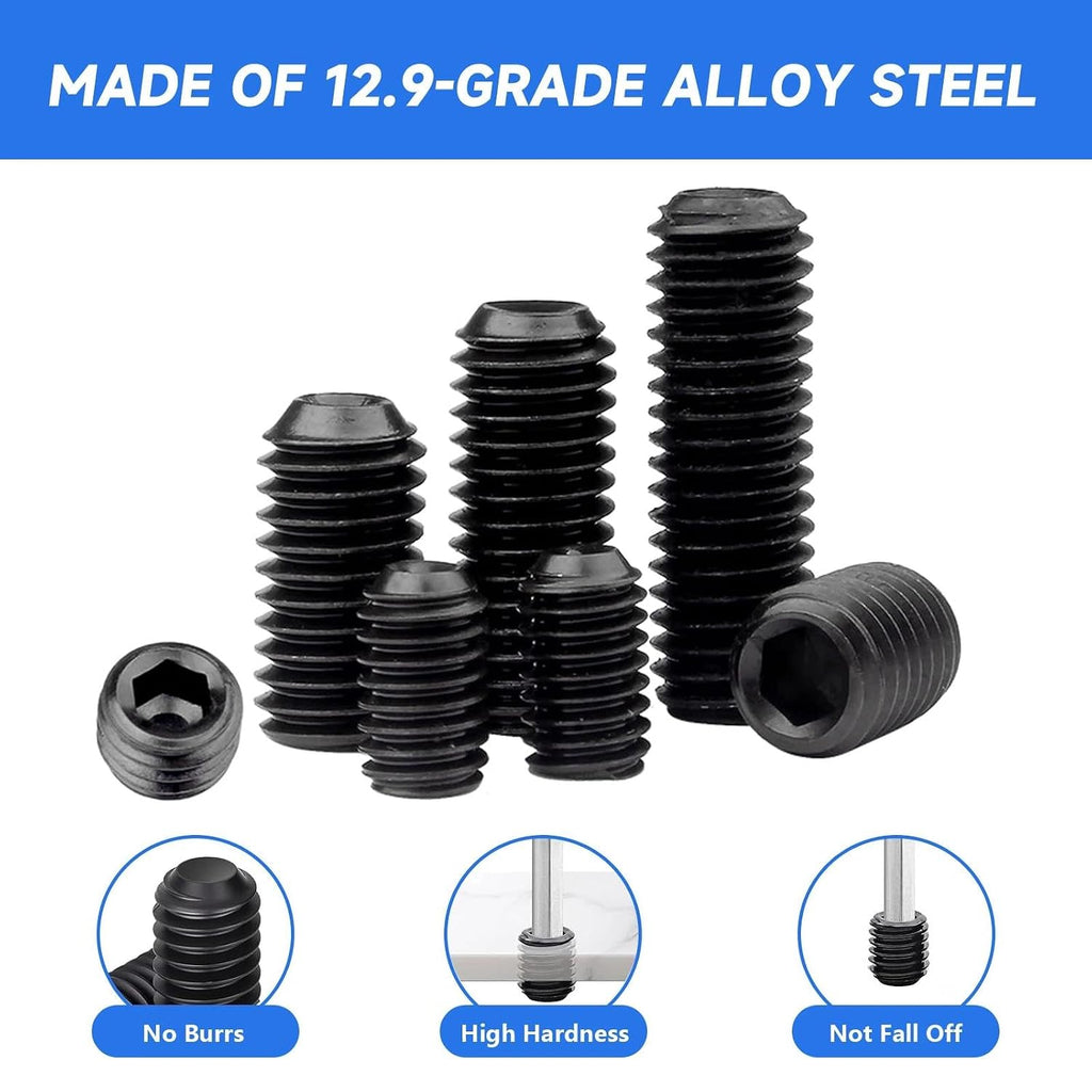 200Pcs M3 Set Screw, Carbon Steel Socket Cup Screw Kit, 8 Common Sizes Headless Hex Socket Screws Set for Fastening and Connecting Objects, Black Flat End