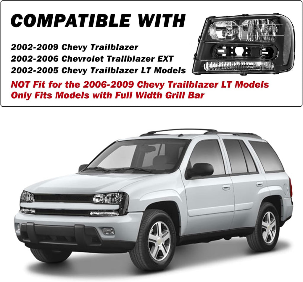 SOCKIR Headlight Assembly for 2002-2009 Chevy Trailblazer Full Length Grill