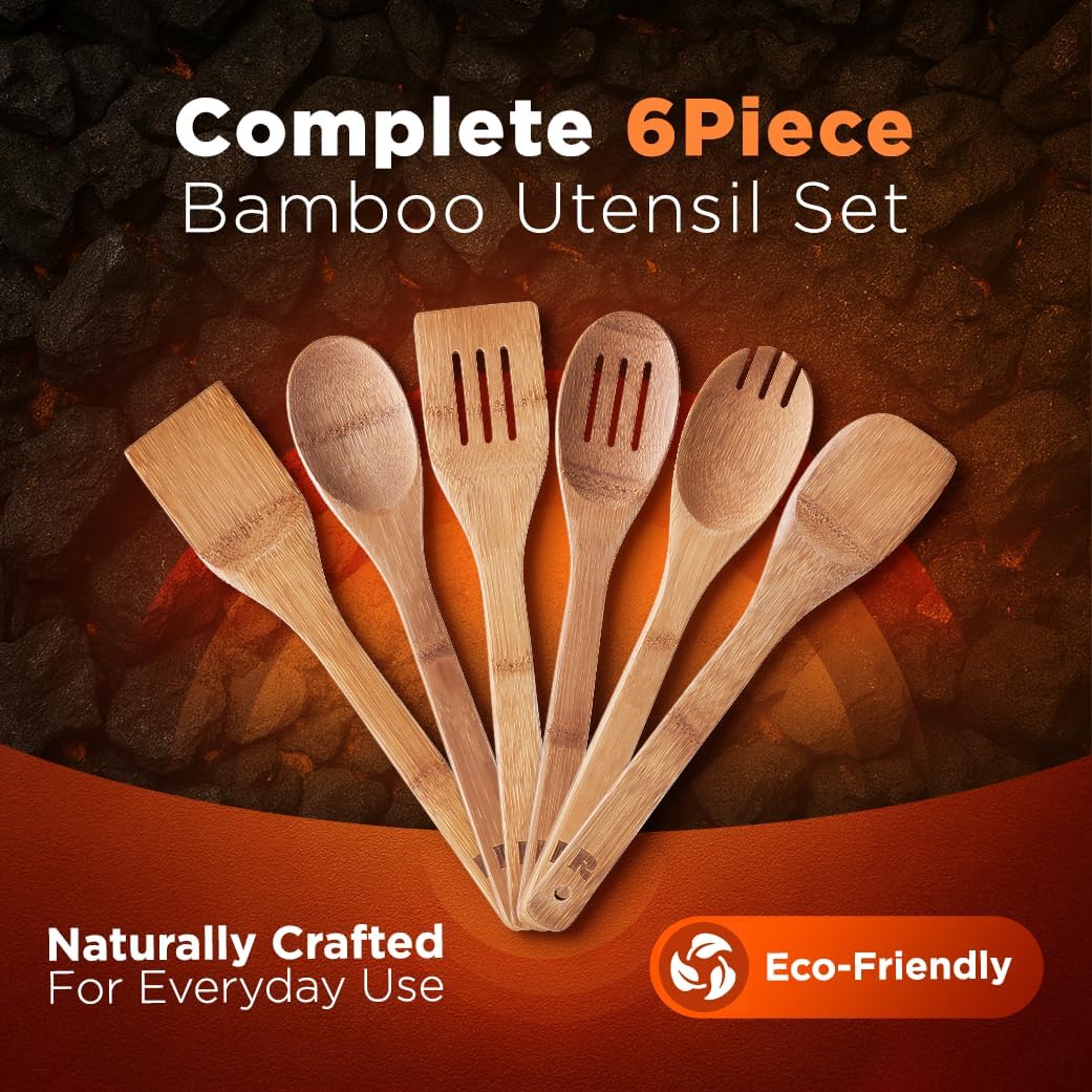 Dark Bamboo Wooden Spoons for Cooking 6-Piece, Apartment Essentials Wood Spatula Spoon Nonstick Kitchen Utensil Set