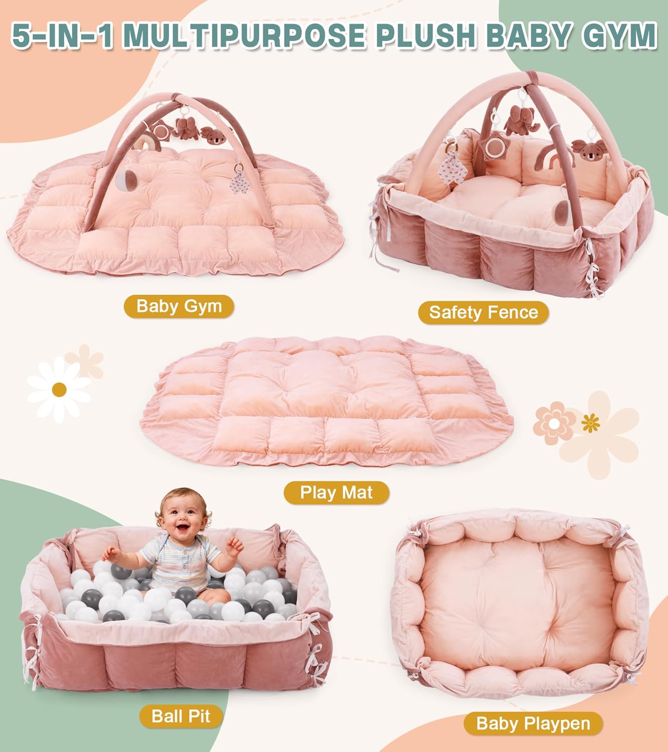 5-in-1 Baby Play Gym and Tummy Time Mat, 12 Learning Cards, Plush Activity Mat with 6 Toys, Baby Gym, Convertible to