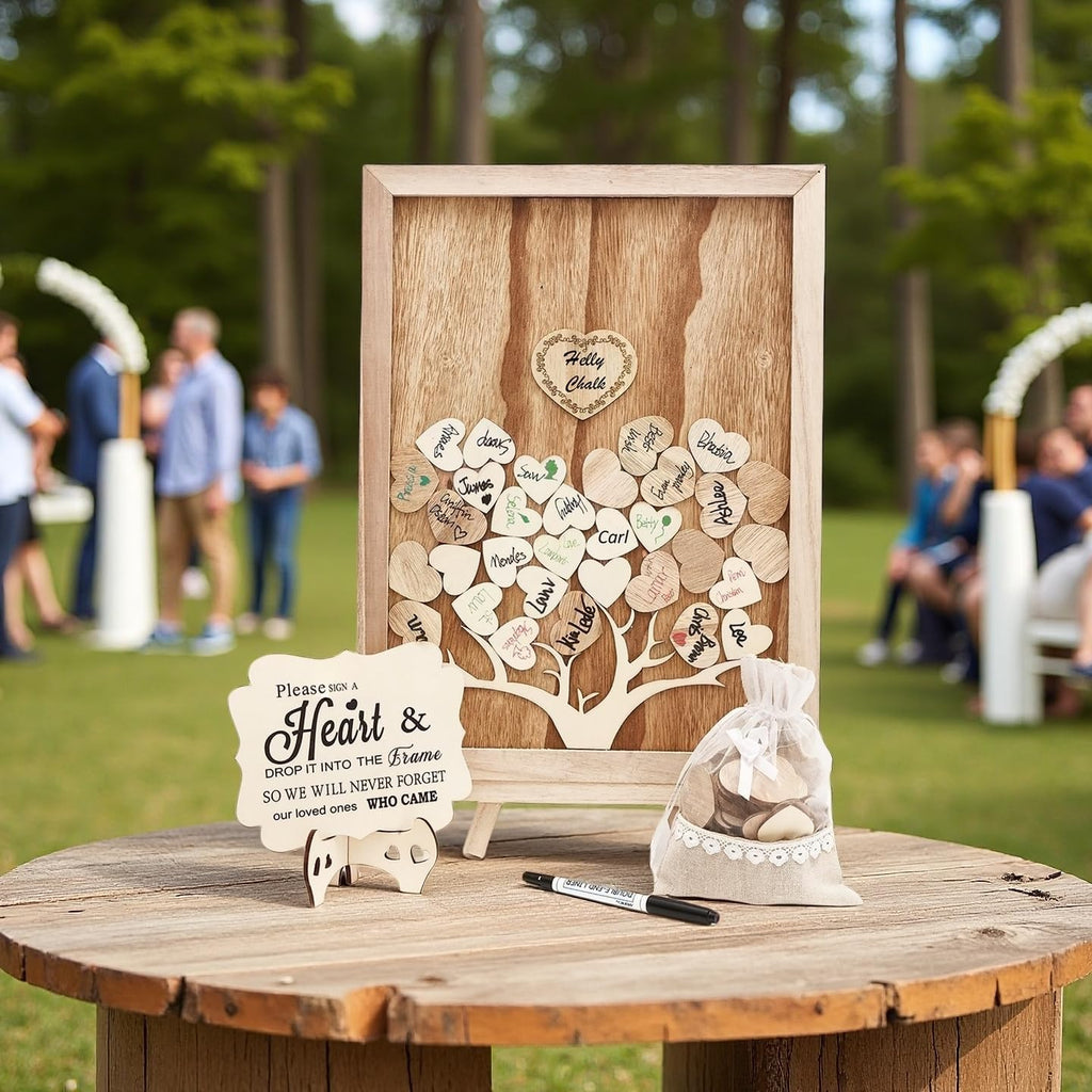 Rustic Wedding Guest Book Alternative, 16x12 Wooden Guest Book Signs for Wedding Decor for Reception, 80 Wood Hearts
