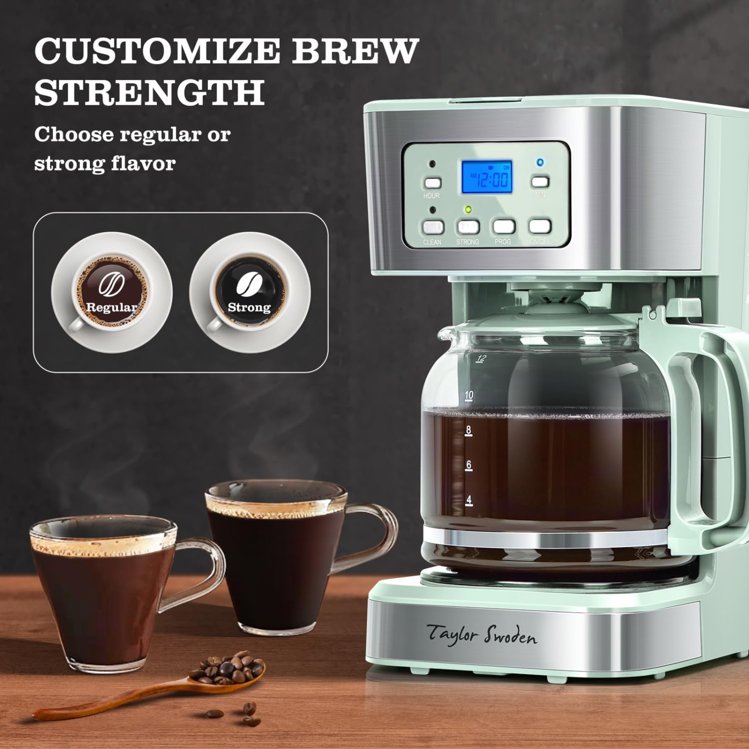 12-Cup Programmable Coffee Maker, Green & Stainless Steel | Regular & Strong Brew Drip Coffee Machine for Home and