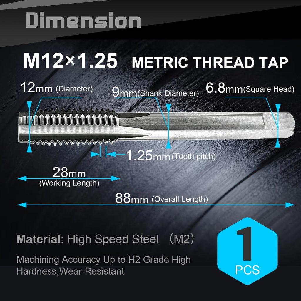 M12x1.25 Metric Thread Tap, M2 HSS 6542 Right Hand Thread Tap