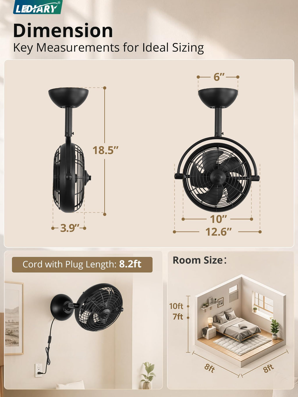 10" Small Wall Mount Fan with Remote Plug in Cord, Black