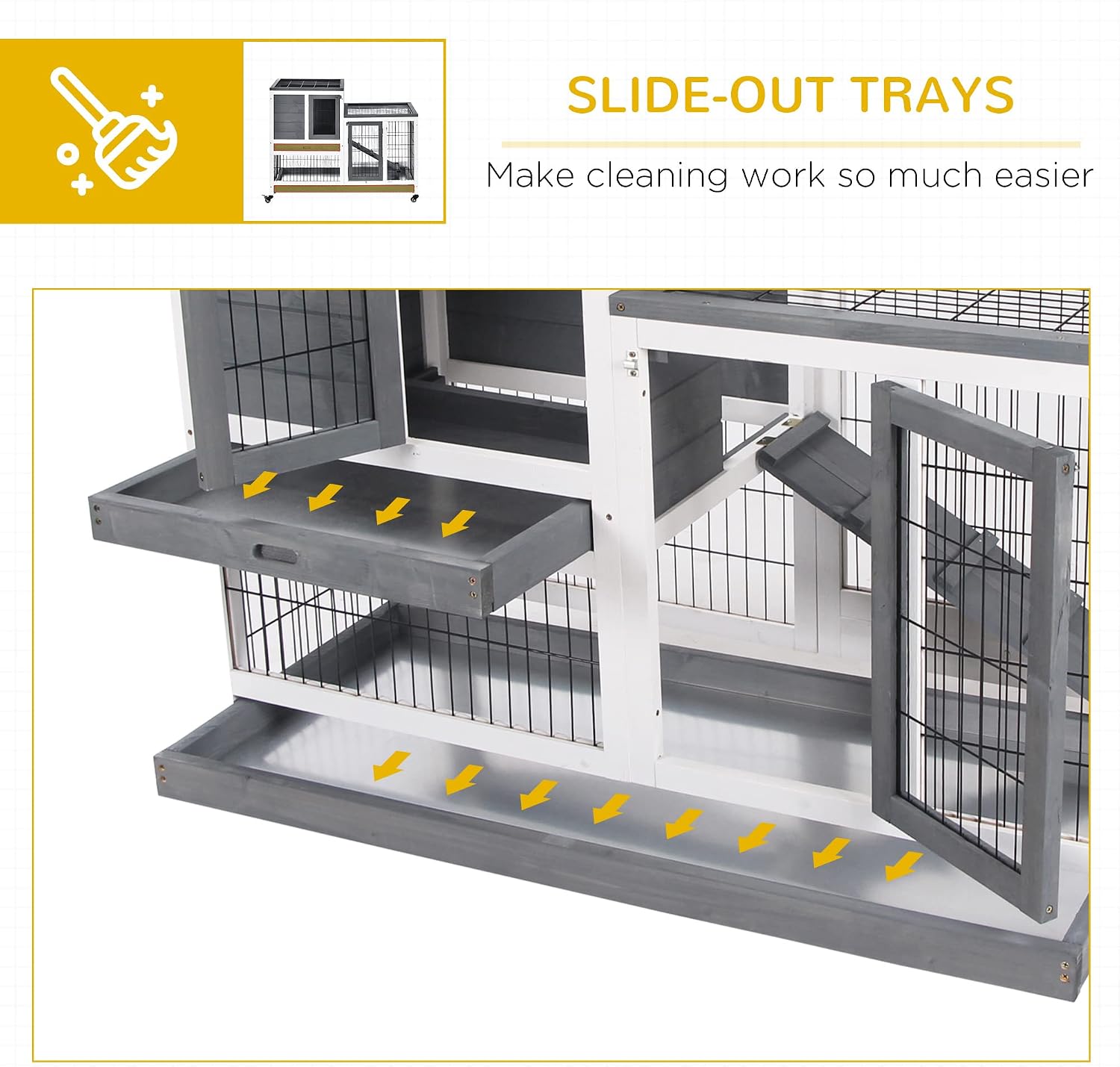 Wooden Rabbit Hutch Elevated Bunny Cage Indoor Small Animal Habitat with Enclosed Run with Wheels, Ramp, Removable