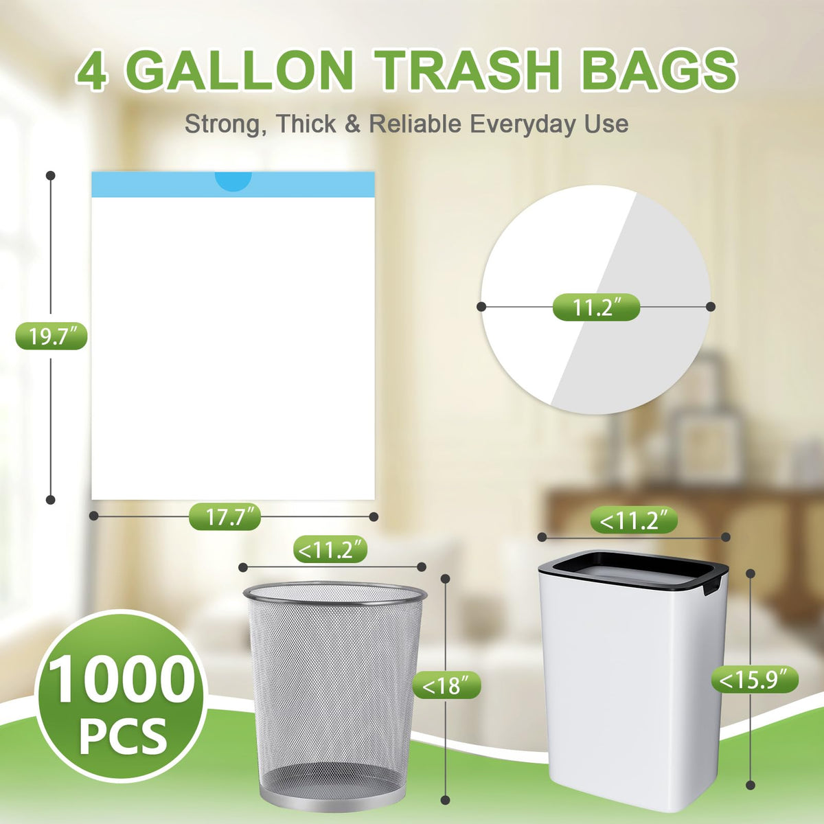 4 Gallon 1000 Count Drawstring White Unscented Trash Bags Small