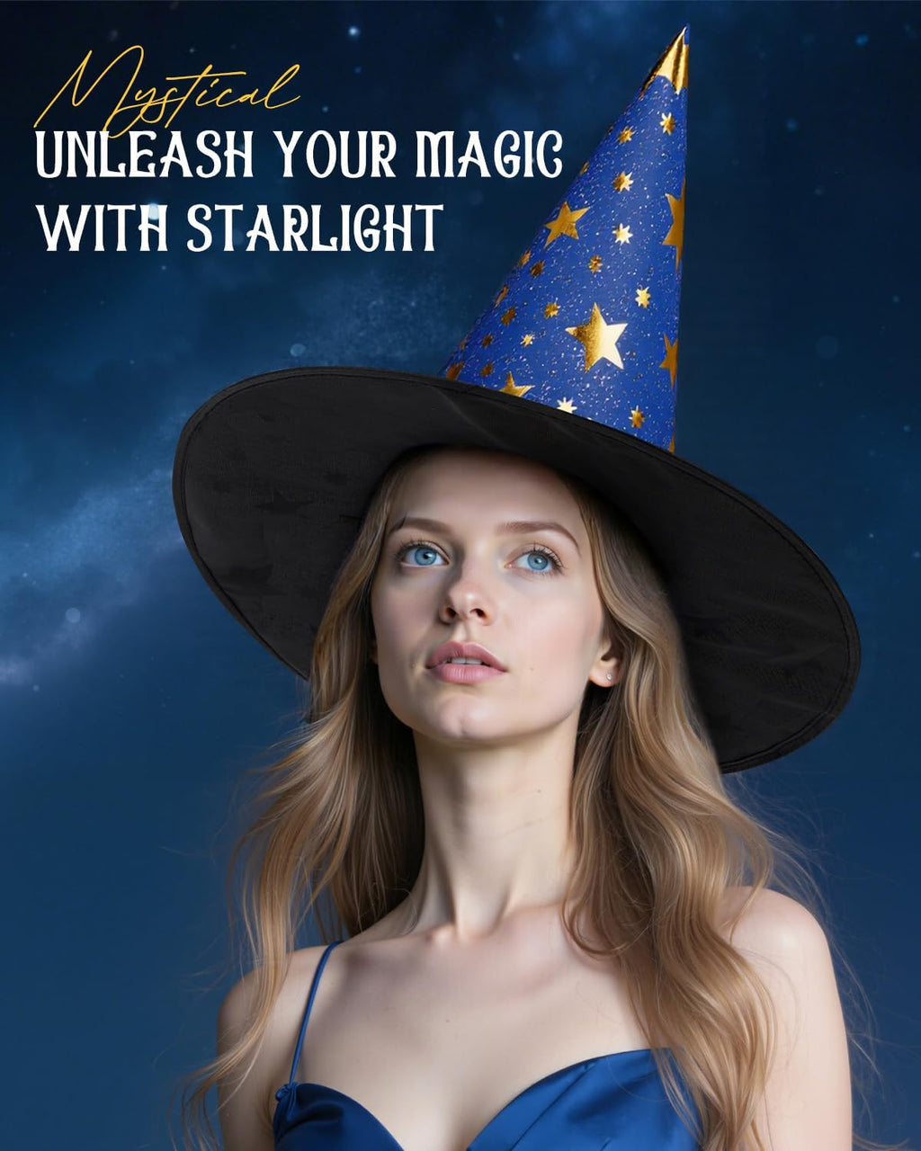 Witch Hat for Women Halloween Wizard Hat with Gold Star Party Hats for Adults Halloween Costume Accessories