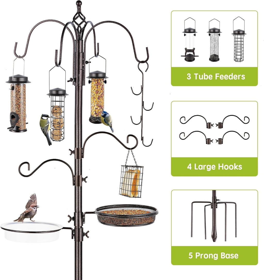 Bird Feeder Station with Suet Cage & Water Bowl Fruit Hook- Adjustable Pole, 6 Hanging Hooks for Wild Birds, Outdoor