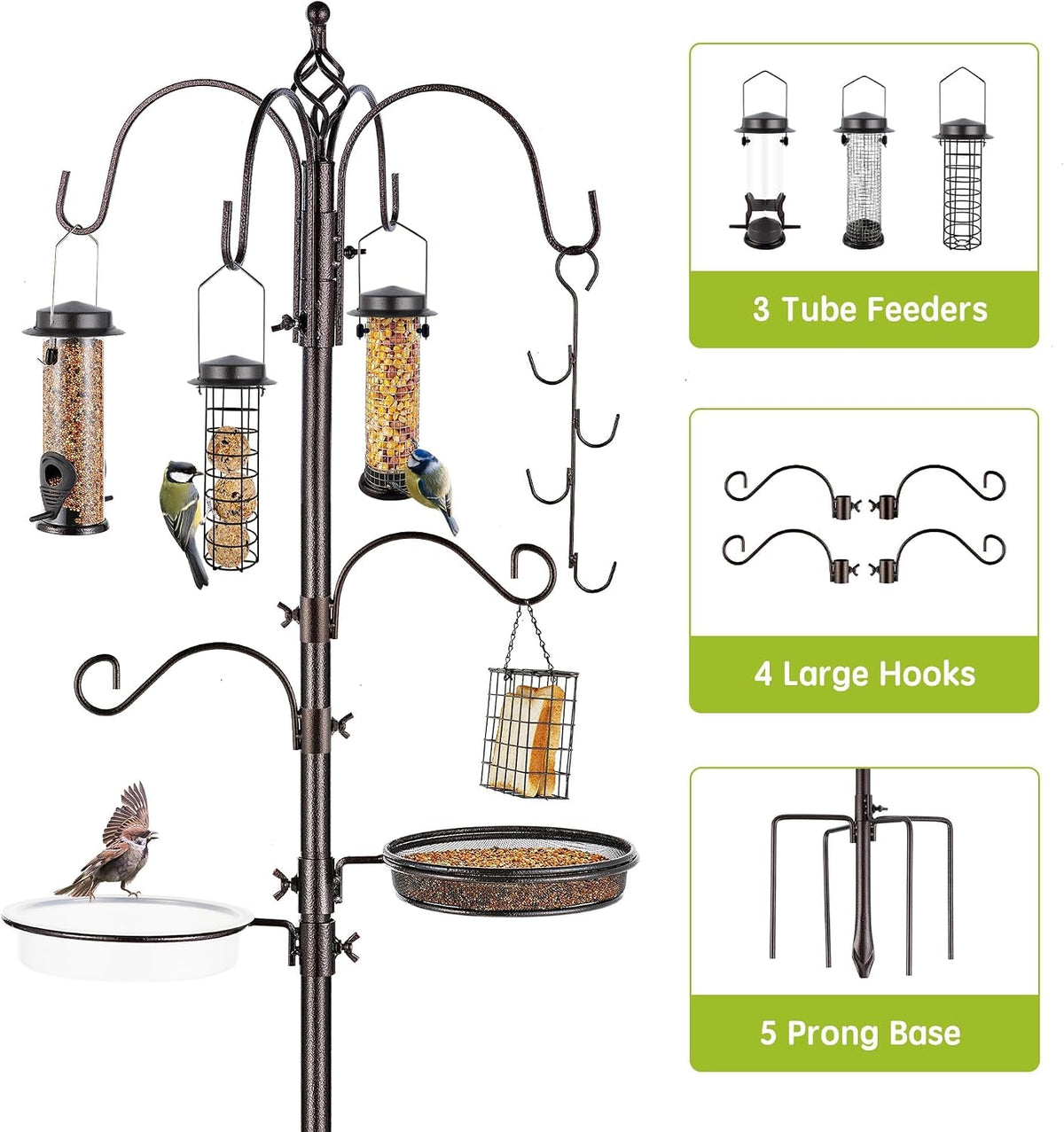 Bird Feeder Station with Suet Cage & Water Bowl Fruit Hook- Adjustable Pole, 6 Hanging Hooks for Wild Birds, Outdoor