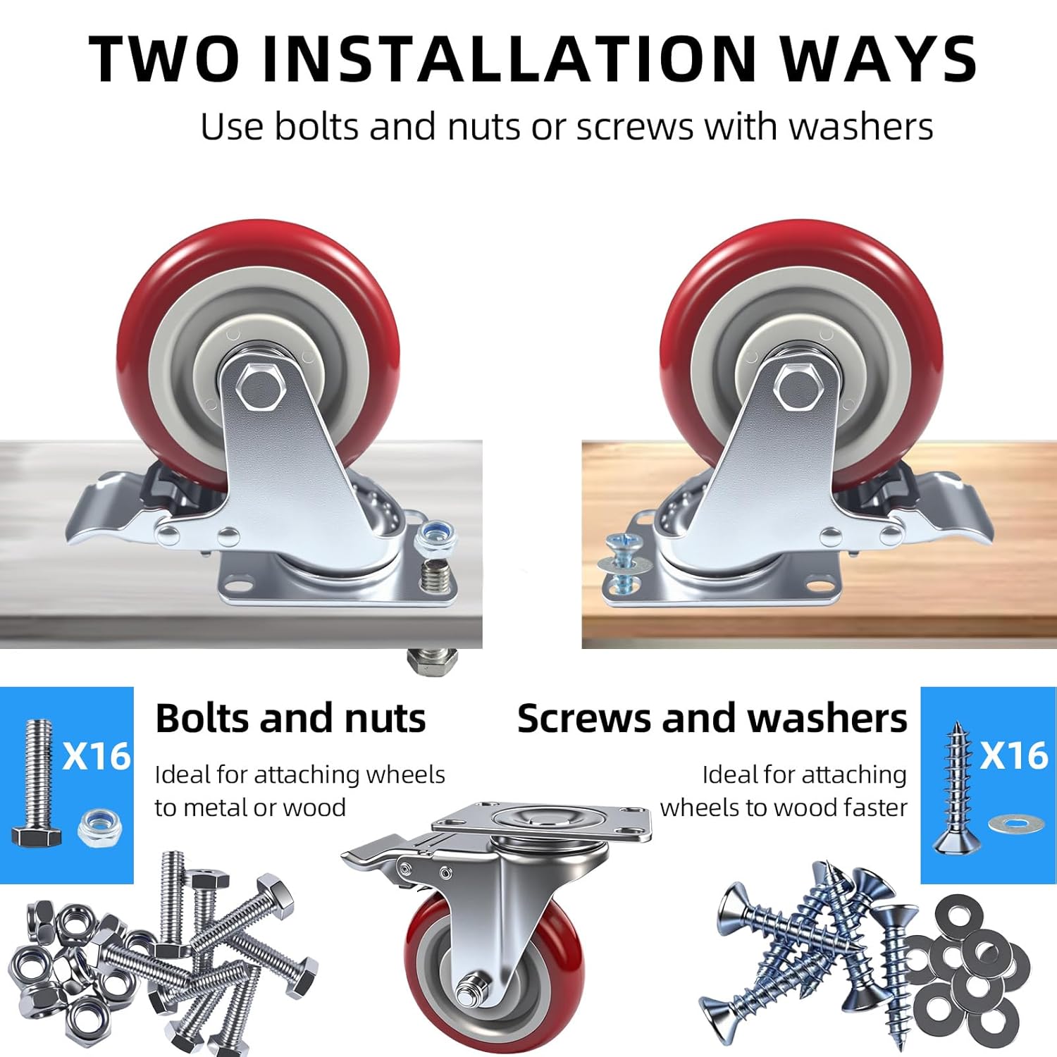 4 Inch Casters Set of 4 Heavy Duty with Brakes,Load 2200lbs | Lockable 360-degree Swivel Plate Caster Wheels for
